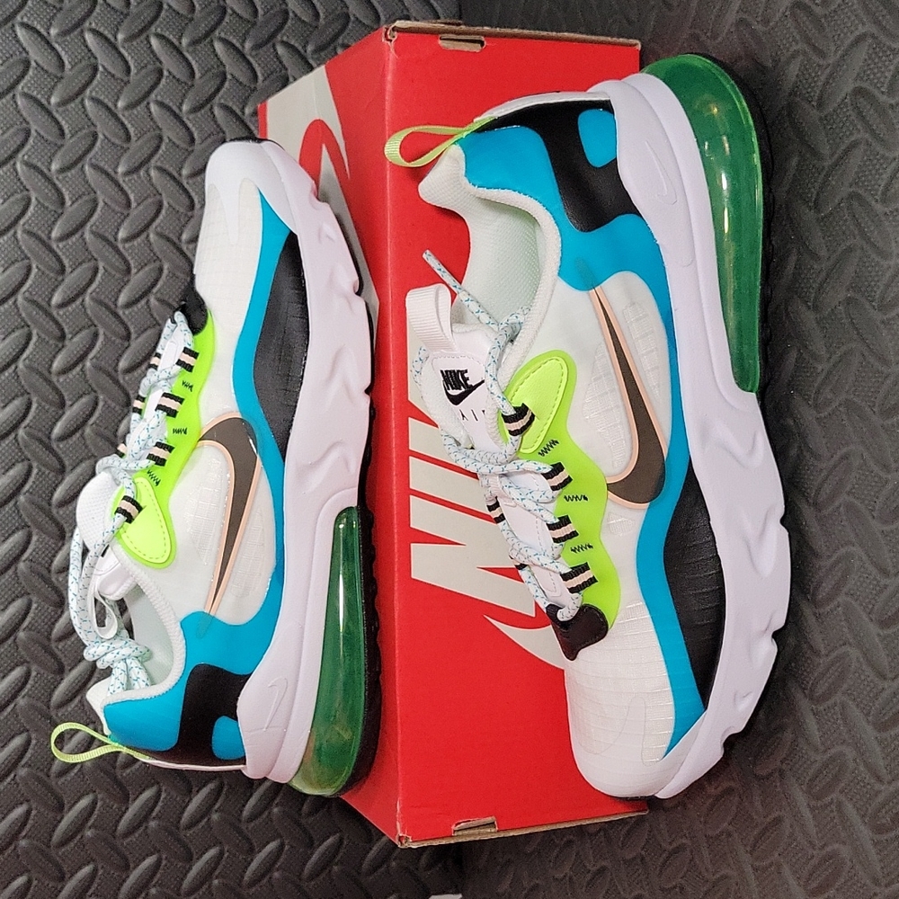 Nike Women's 8.5/Youth7 Air Max React Sneakers White, Teal, Neon Green, Black
